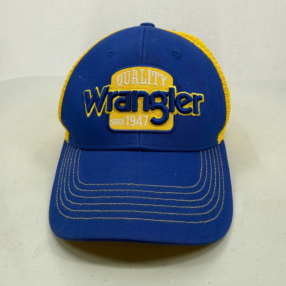 Wrangler Trucker Hat Mens OSFA Blue Yellow Mesh Back Embroidered Patch Snapback